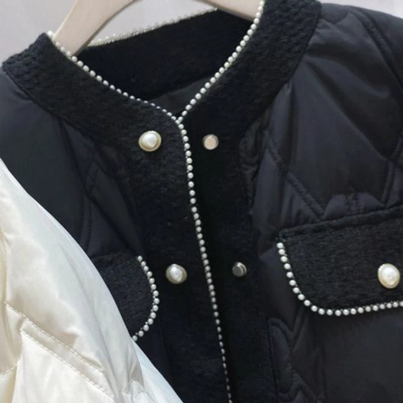 Winter Clothing Fashion Korean Pearl Parkas for Women O Neck Patchwork Casual Jackets 2025 Ropa Mujer Warm Crop Coat Y2k Tops