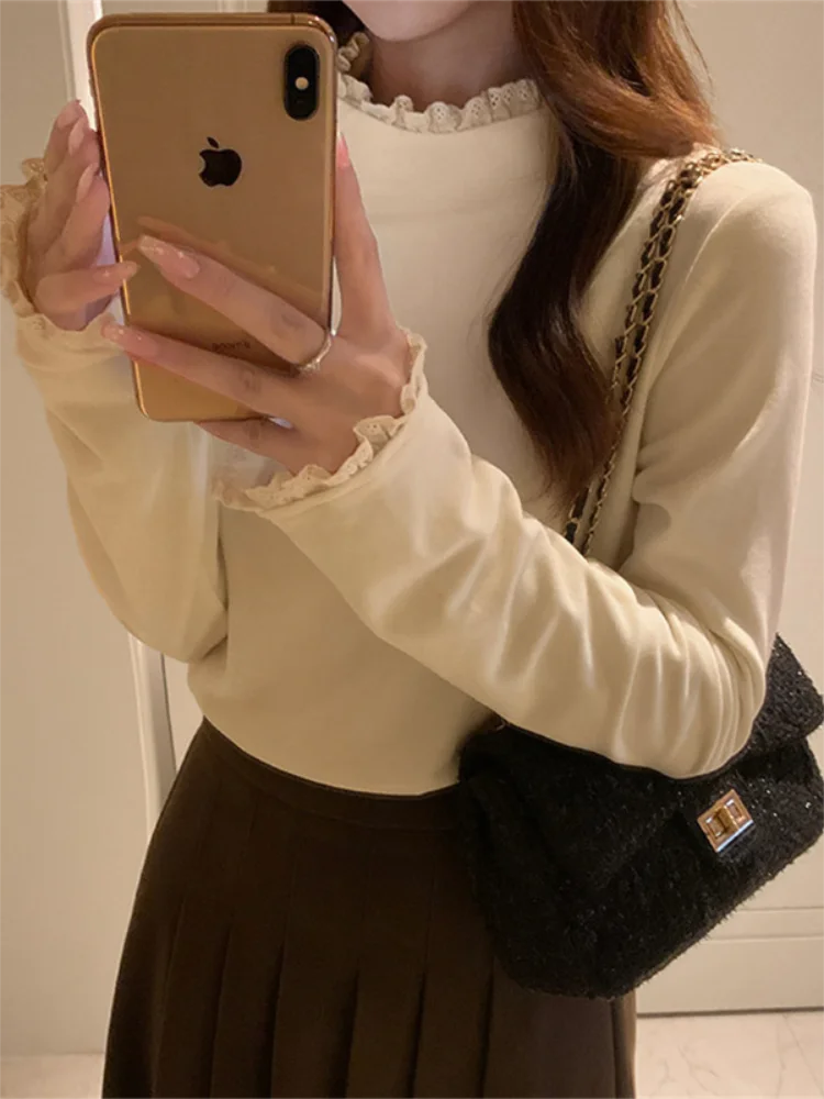 Haut chaud basique à col mi-haut pour femmes, T-shirt à manches longues, coupe cintrée, avec dentelle, Patchwork, automne hiver