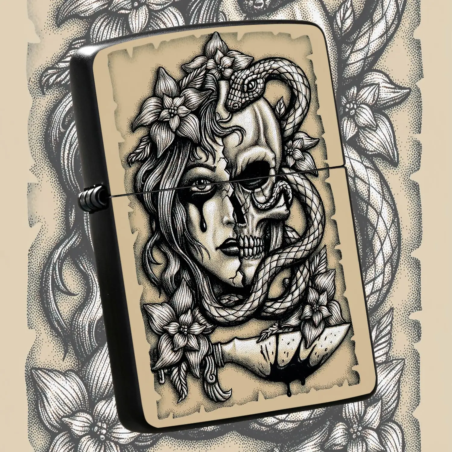 Vintage Stippling Art Lighter, Half Human Face Half Skull Design With Winding Snake And Floral Details, Exquisite Traditional Tattoo Style Ornament, Portable Unique Decorative Accessory For Daily Use, Gifting And Person A Humorous And Inter