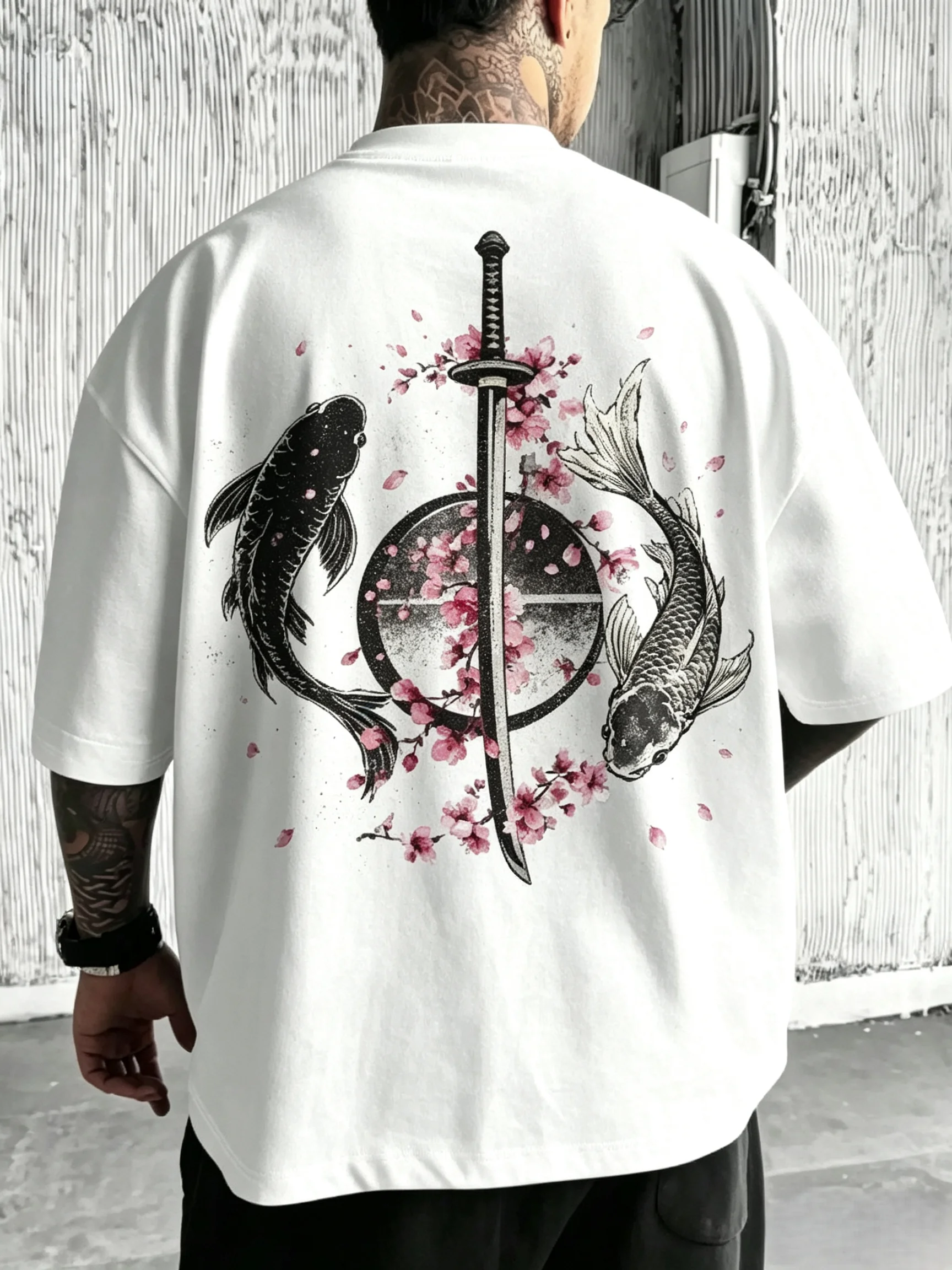 Vintage Japanese Koi Carp Yin Yang T-shirt Men Women Cherry Blossom Samurai Sword Back Graphic Print Tee Retro Harajuku Streetwear Oversized Casual Short Sleeve Tops
