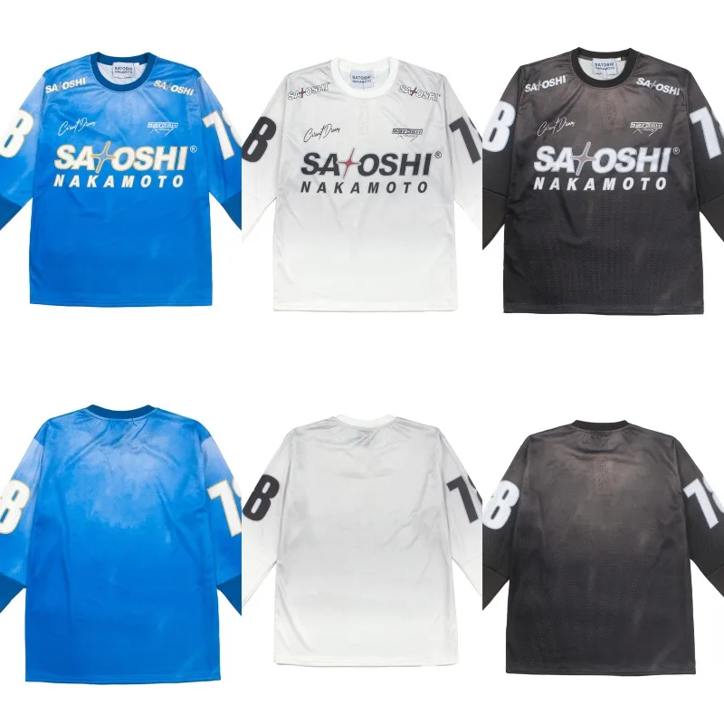 American Retro Hip-hop SATOSHI NAKAMOTO Racing Element 18 Print Breathable Mesh Long Sleeved T-shirt Sports Shirt