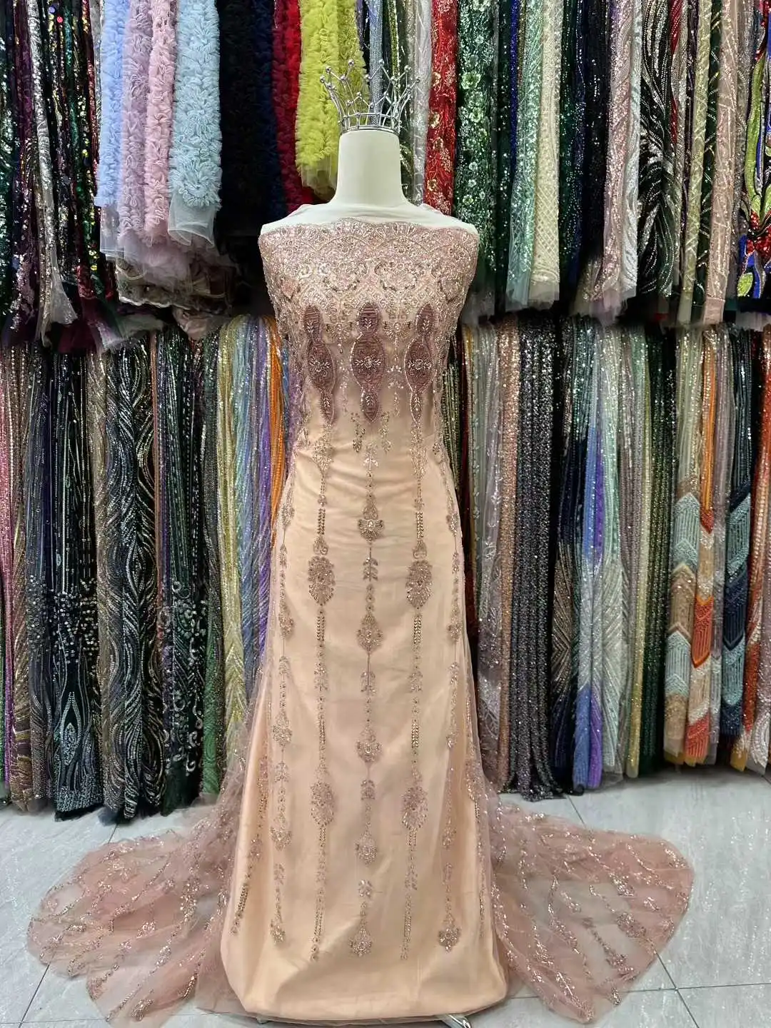 

African Heavy Beaded Lace Fabric 2025 High Quality 5 Yards Nigerian Sequins Groom Fabric Material For Wedding Party Dress