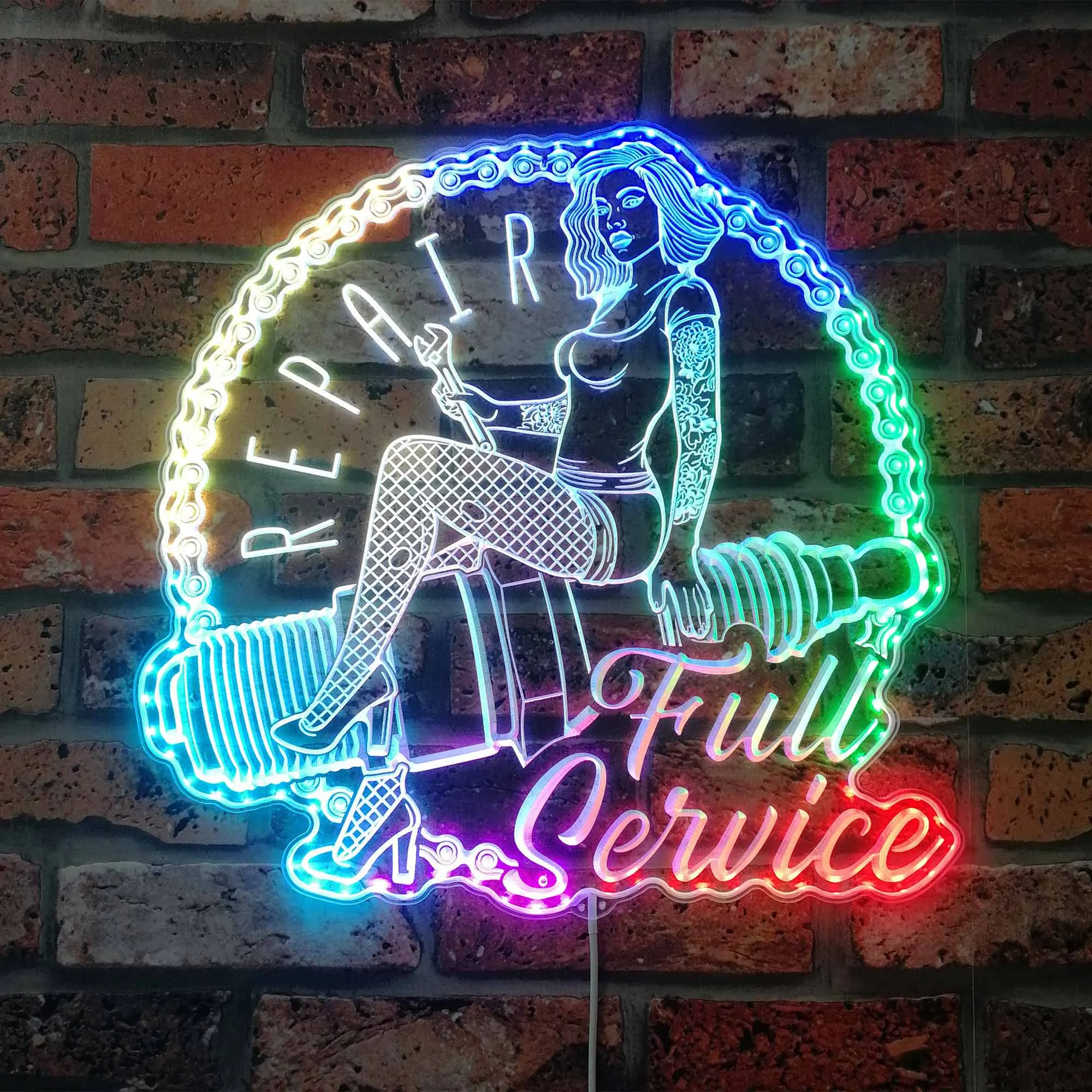 Spark Plug Girl Full Service Garage RGB Dynamic Glam LED Sign st06-fnd-i0323