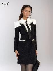 VGH Elegant Spliced Sequins Short Dress for Women Lapel Long Sleeve High Waist Hit Color Slimming Mini Dresses Female Style New