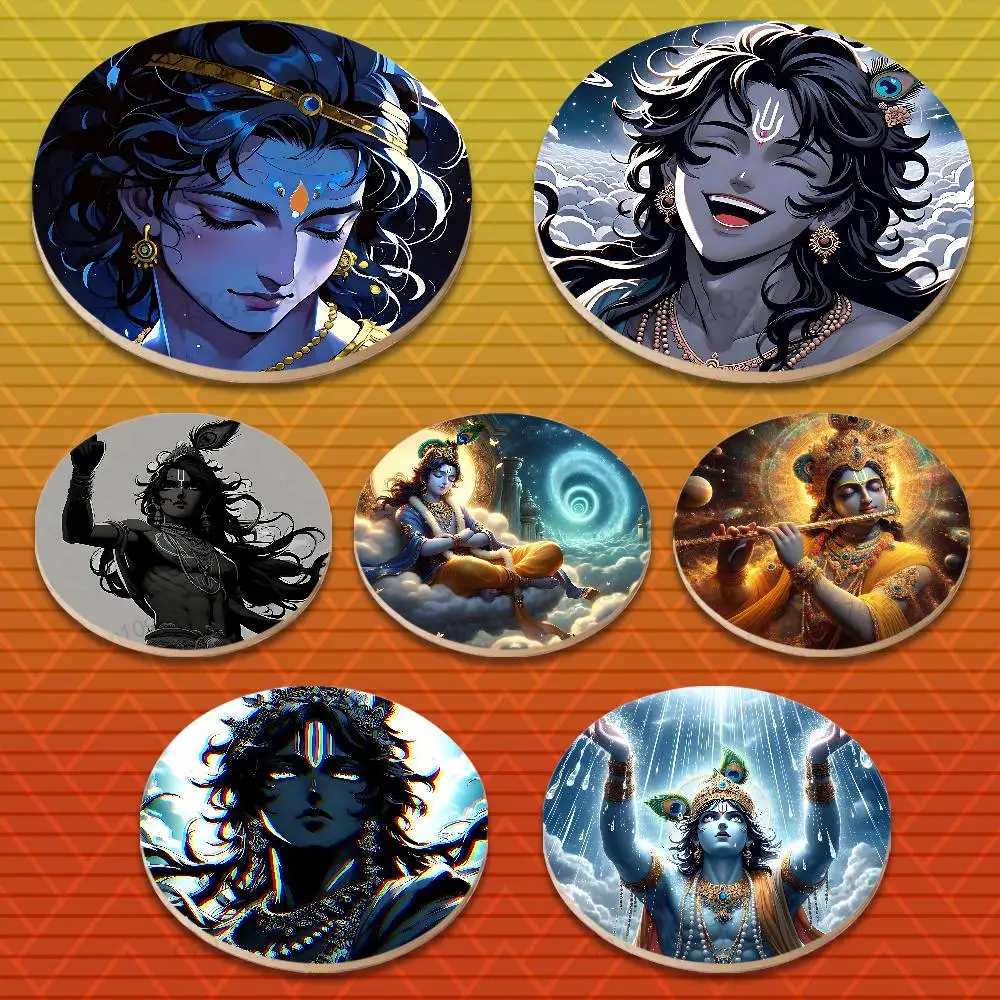 

Indian God Lord Krishna Round Wooden Coasters Non-Slip Suitable for Drinks Tea,Coffee Home Perfect Gift