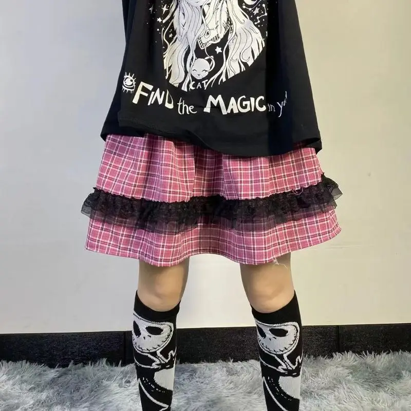 Japanese Fashion All Match High Street Plaid Skirts Y2k Aesthetic Spliced Lace Design Cake Jupe Lolita Kawaii Preppy Skirt