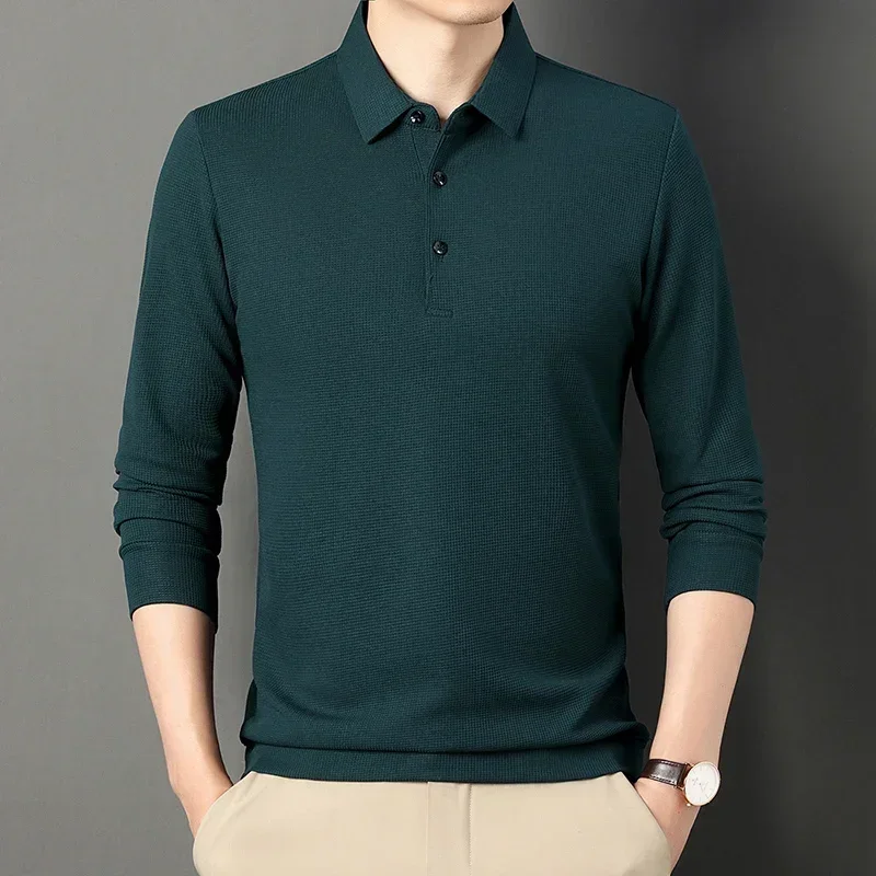 2025 Spring Autumn Men's Long-sleeved Polo Shirt Waffle Business Casual Slim Top Classic Solid Color Male Brand Tees