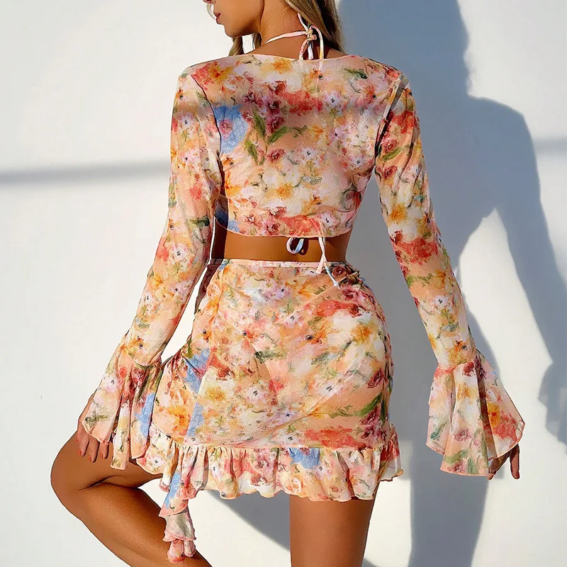 Swimsuit for Women2024Printed Long Sleeve Bikini Four-Piece Suit Split Blouse Beach Dress Swimsuit