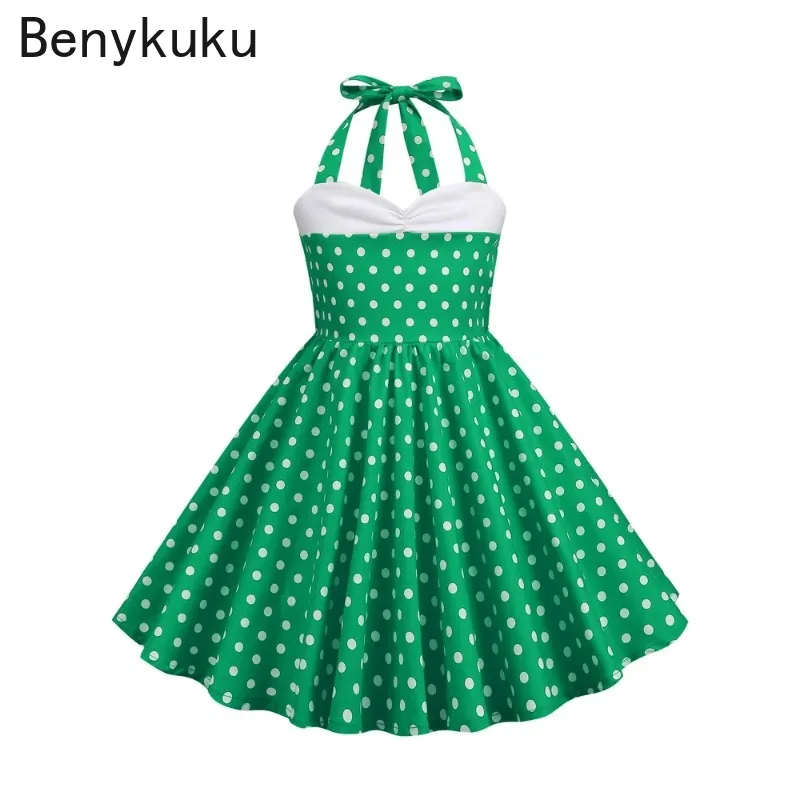 Querida pescoço meninas halter vestido de festa algodão crianças roupas verão bolinhas casual plissado filha vestido vintage para crianças