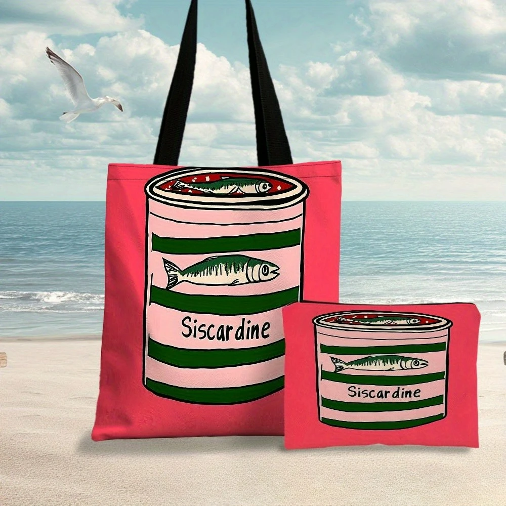 Pop Art Sardine Can Tote Bag Beach Bag with Makeup Bag Casual Portable Shopping Bag Shoulder Bag Daily Use