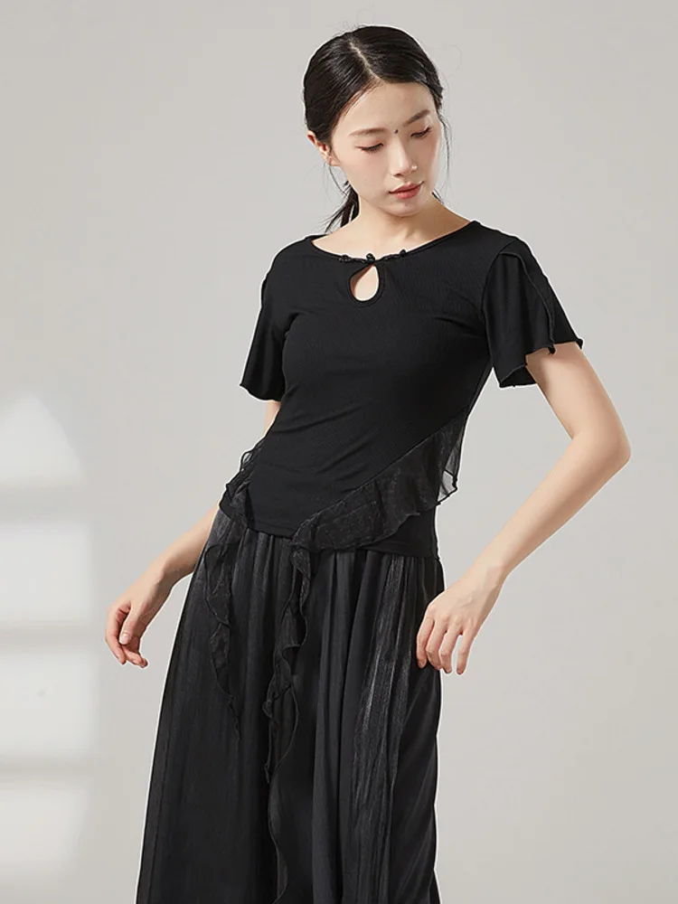Solid Color Ballet Top for Women, Ruffle Hem Short Sleeve Crew Neck Dance Shirt for Stage Performance & Training
