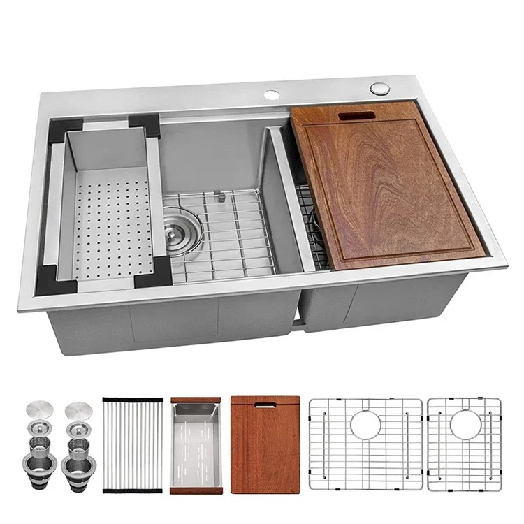 Wholesale Stainless Steel Ledge Multifunction Hand Made Workstation Sink Topmount Professional Kitchen