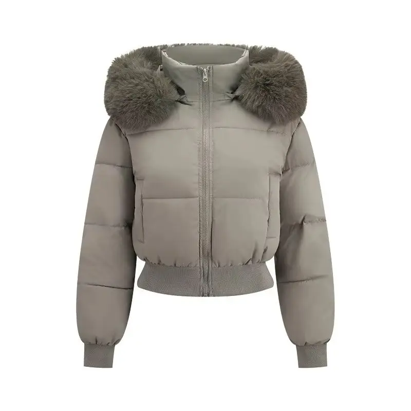 2025 Winter Fur Collar Hooded Waist Cinched Thick Coat Solid Color Short Zipper Down Cotton Jacket Female Clothing