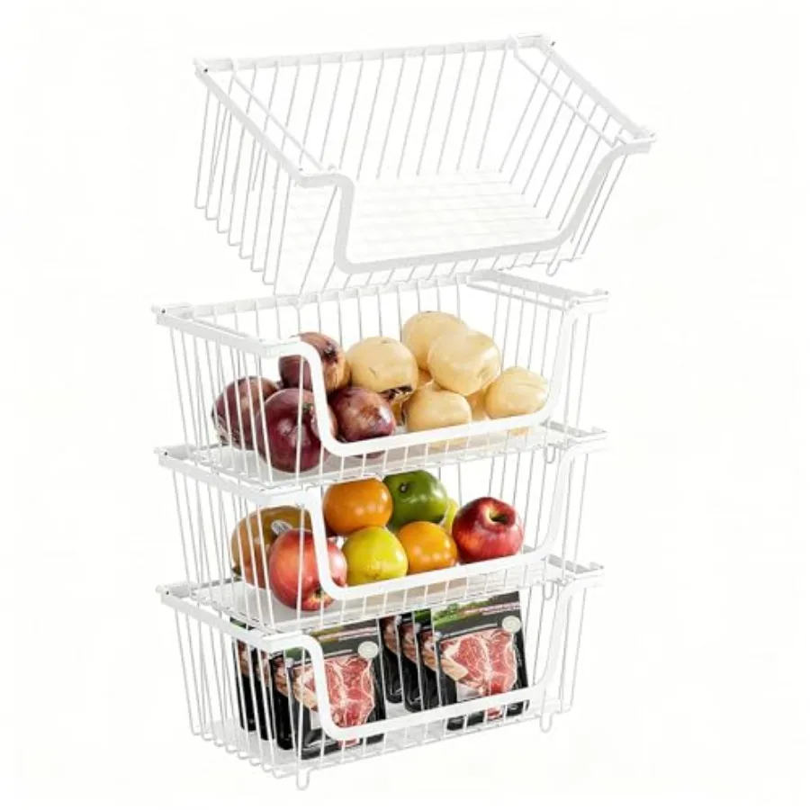 

4 Pcs Stackable Wire Baskets for Pantry Organizers and Storage, Vegetable Fruit Basket for Countertop, Kitchen Storage Metal Ba