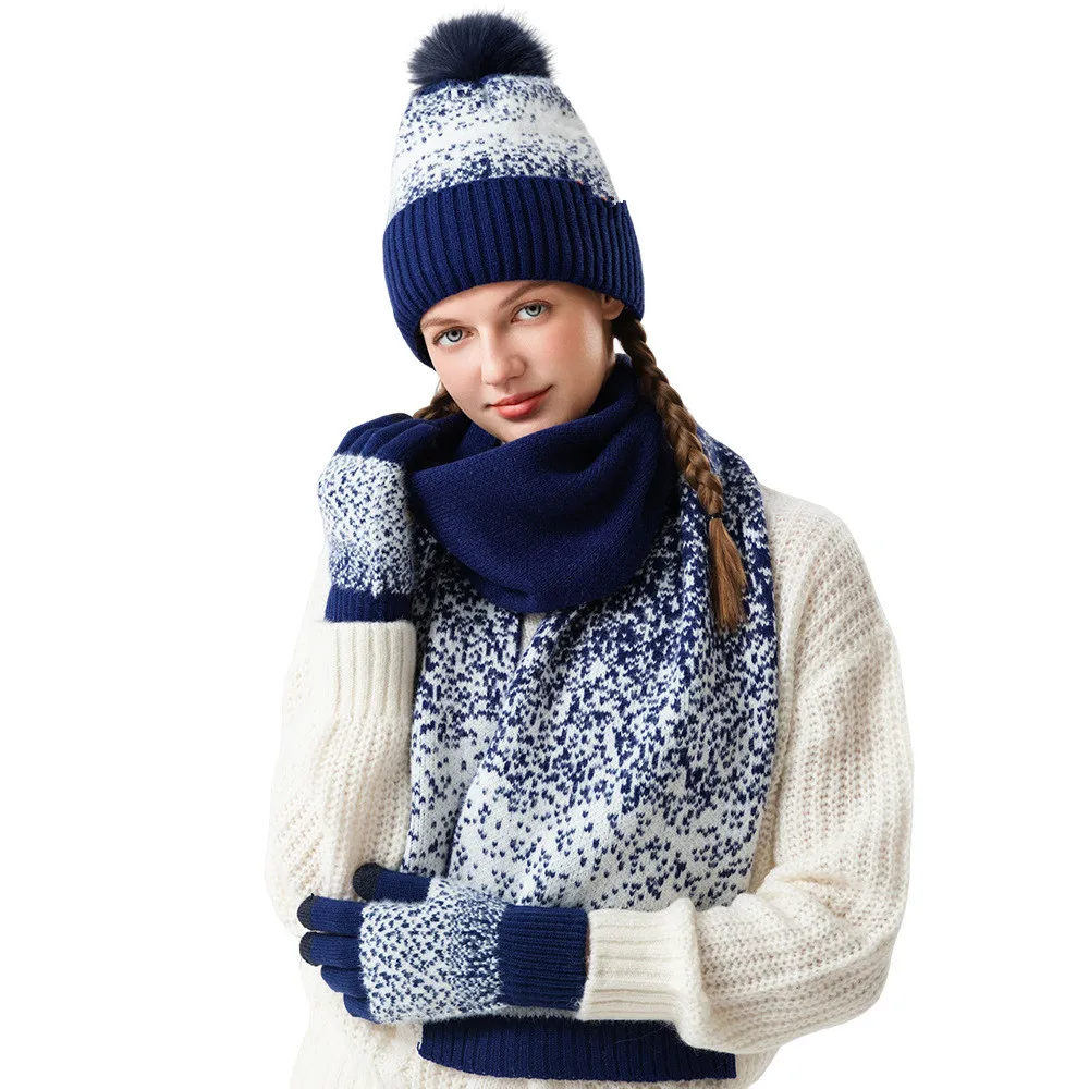 Fleece Knitted Woolen Hat Warm Knitted Cap Scarf Gloves Winter Set for Women Men Outdoor Ear Protection Windproof Beanies 3PCS