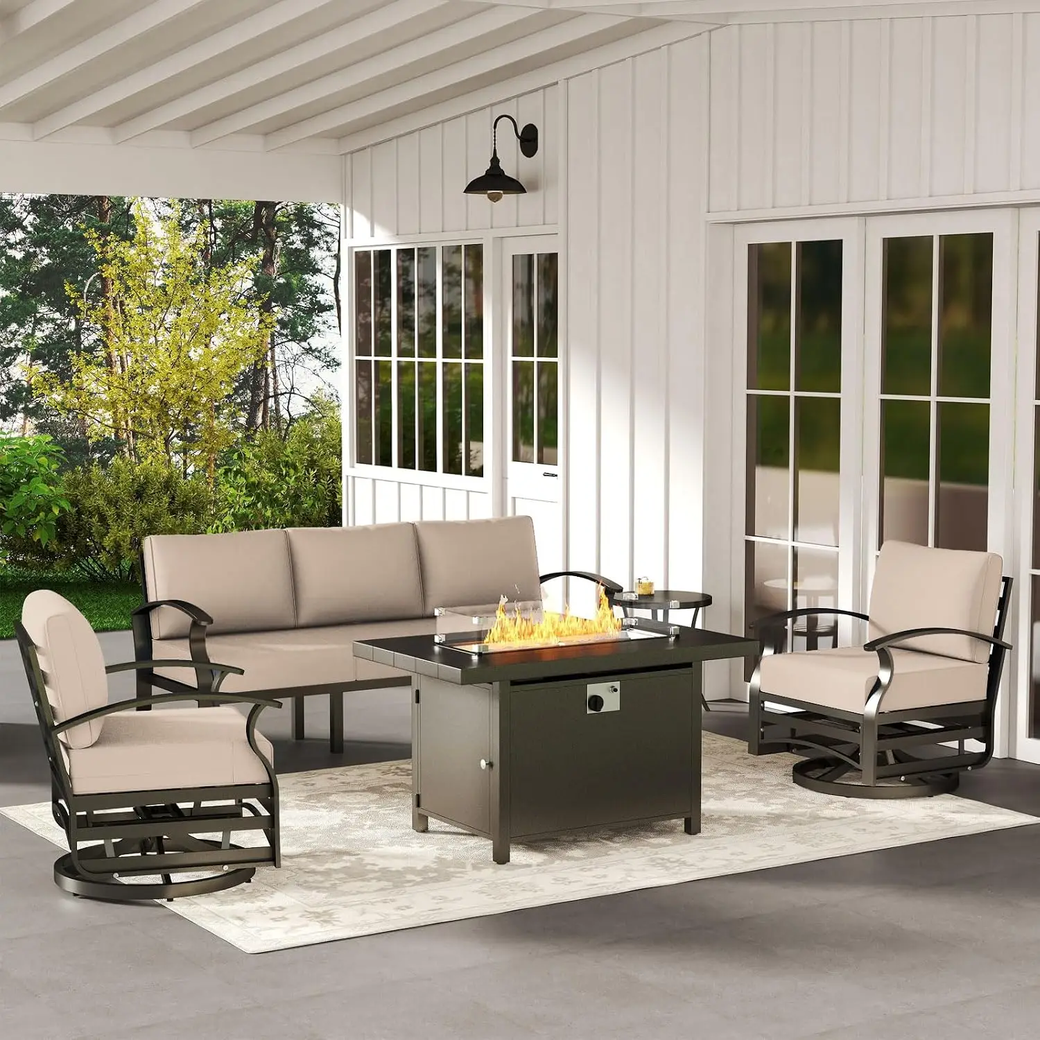 Aluminum Patio Furniture Set with Propane Fire Pit Table 5-seat Metal Outdoor Furniture w/Fire Pit Patio Sectional, Customized