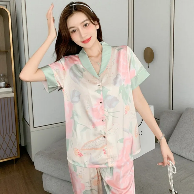 Spring Summer Satin Silk Pajamas for Women Short Sleeves Long Pants Thin Two Piece Woman New Lapel Pijamas Casual Sleepwear