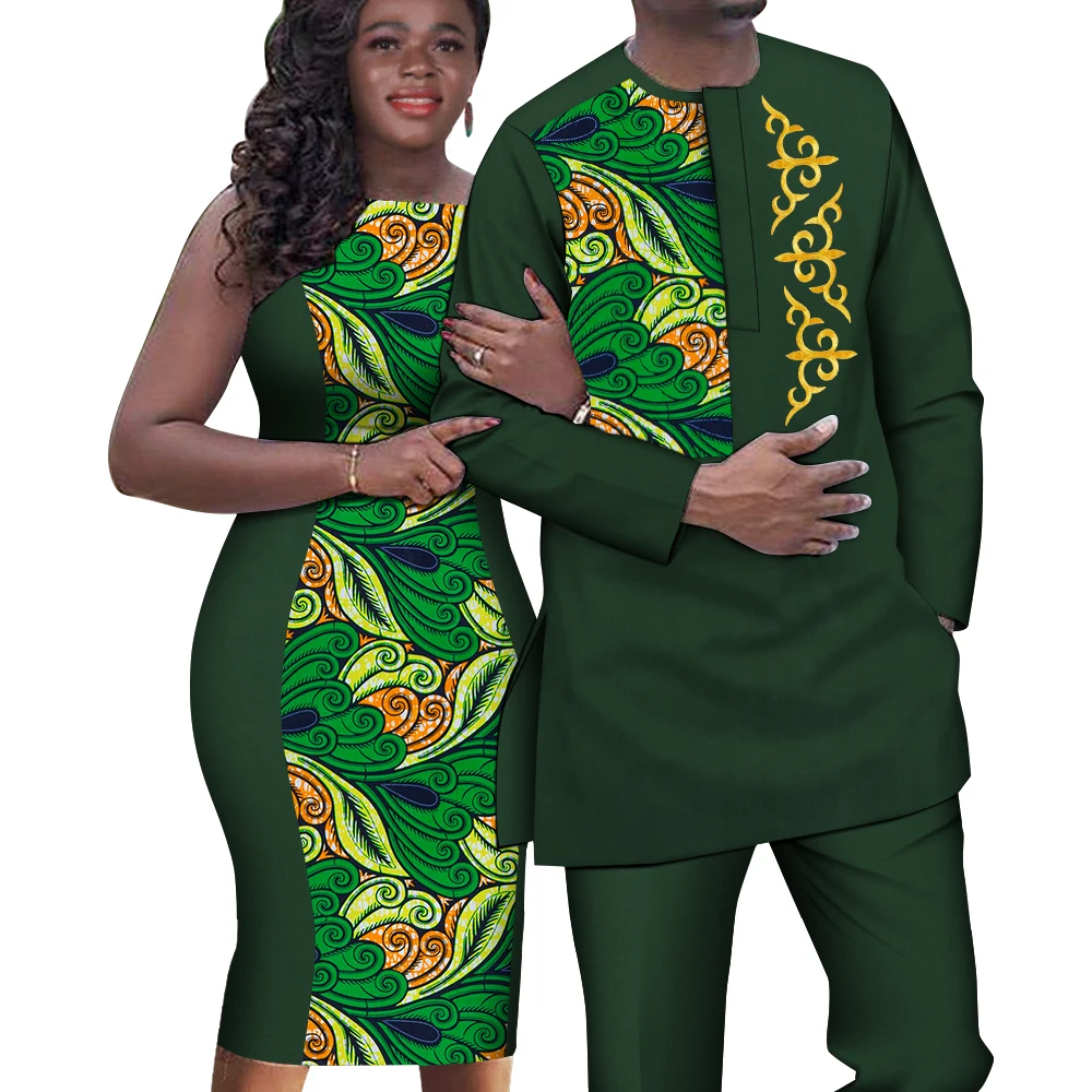 African Print Couple Clothing for Lovers Men Top Pant Set and Women Sleeveless Dress Bodycon Party Wedding Dresses WYQ644