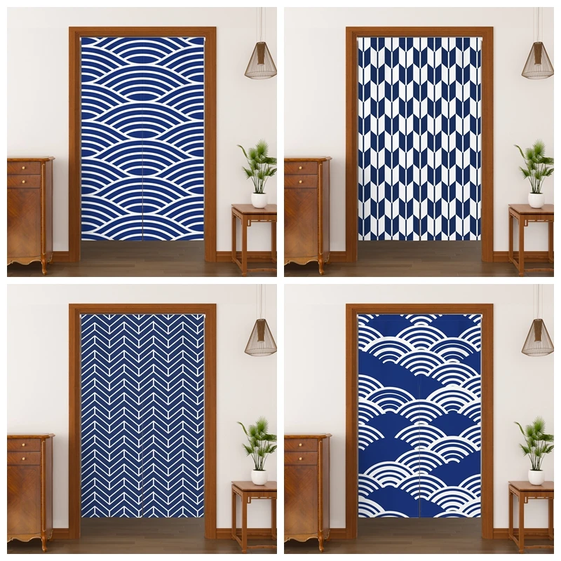 Japanese Style Noren Door Curtains Blue Wave Geometric Patterns Linen Doorway Curtains Izakaya Dining Room Entrance Half Curtain