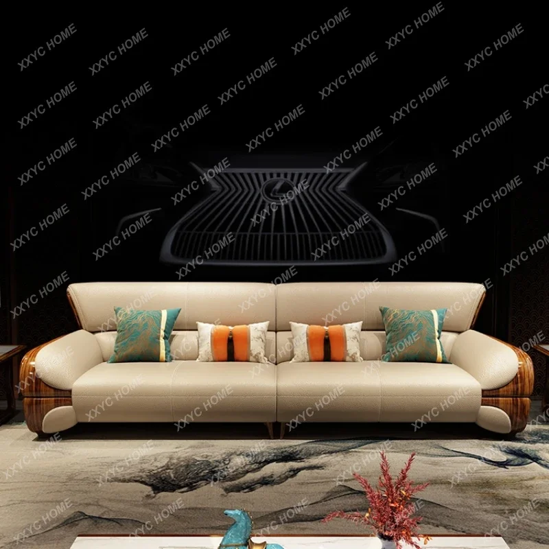 New Chinese Style Small Black Wood Solid Wood Sofa Genuine Cattlehide Leather Surface Modern Beige Sofa