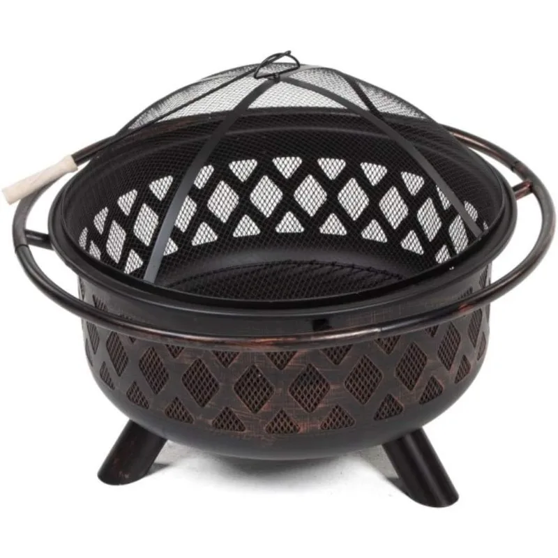 Ember Red Rubbed Bronze Crossweave 36 inch Wood Burning Fire Pit-with Free Grill Grate and Cover, Durable and Perfect