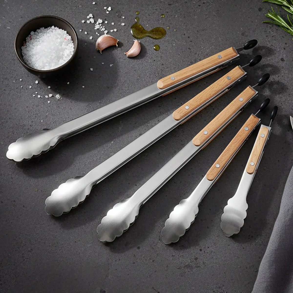 Leeseph Stainless Steel Food Tongs, 7-16 Inch Length, Heavy Duty Kitchen Tongs with Wooden Handle for Cooking, Grilling and BBQ