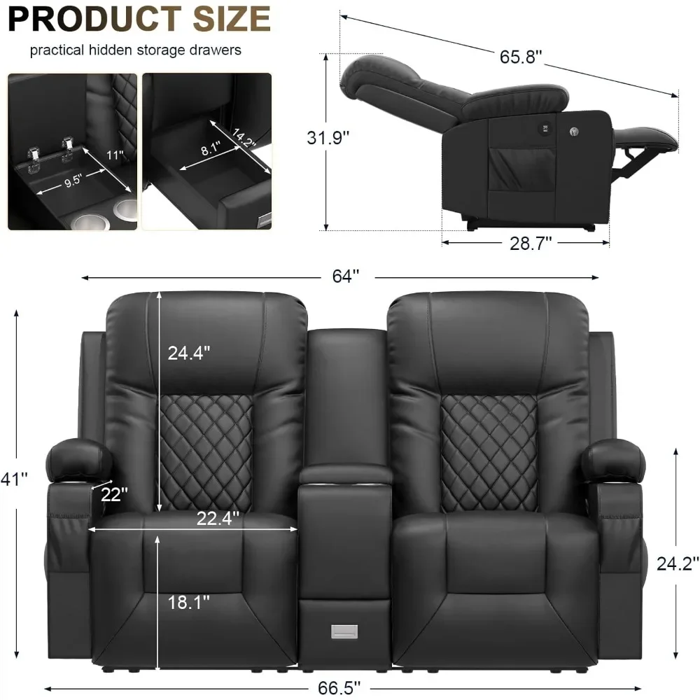 Loveseat Recliner Sofa with Storage Console, Recliner Chair with USB Ports, 2 Cell Phone Holders, Cup Holder, Loveseat Couch