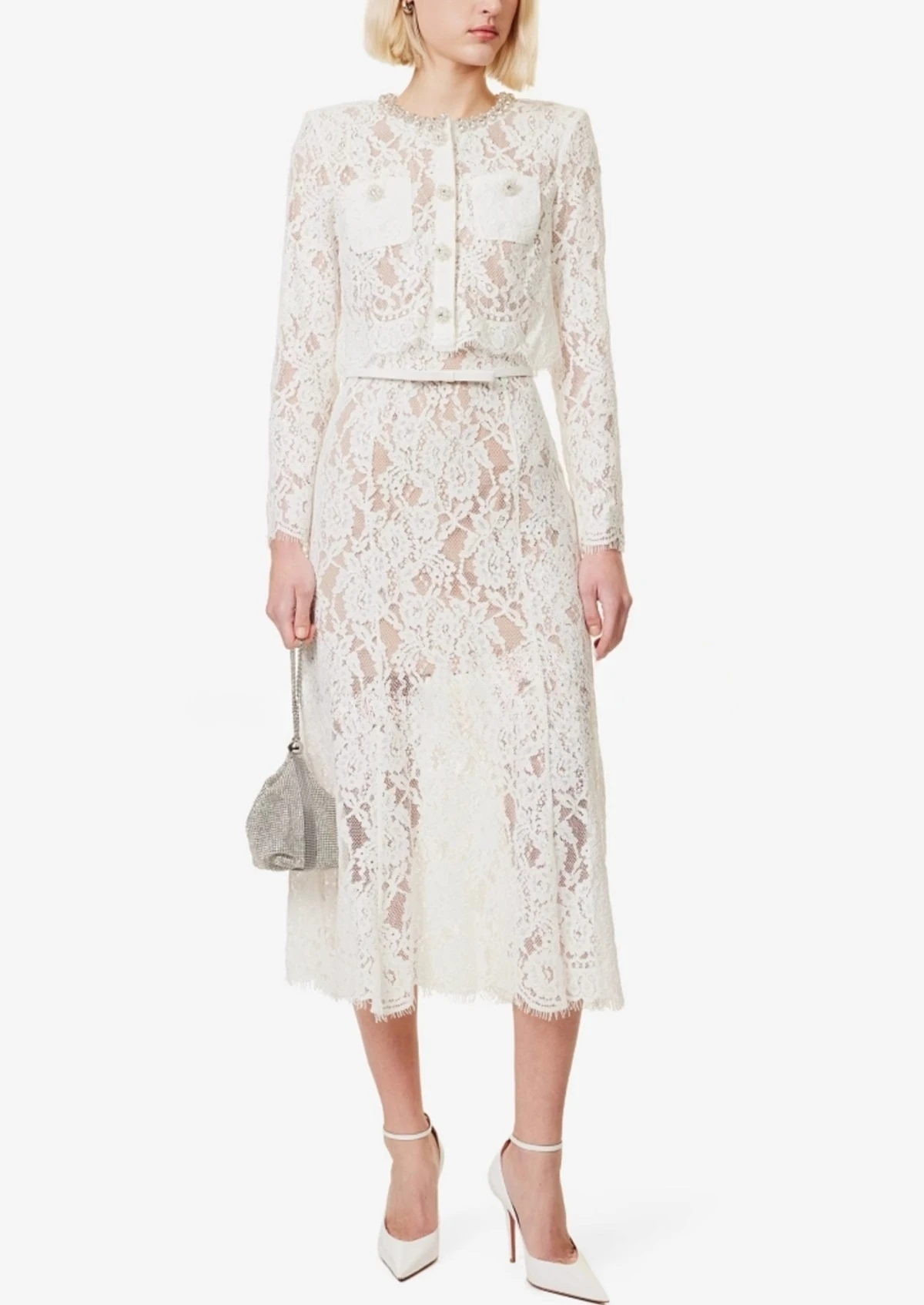 

White Lace Long Sleeve Tops and Skirts Women Autumn Spring Two Piece Sets Elegant Vintage Party Skirt Set