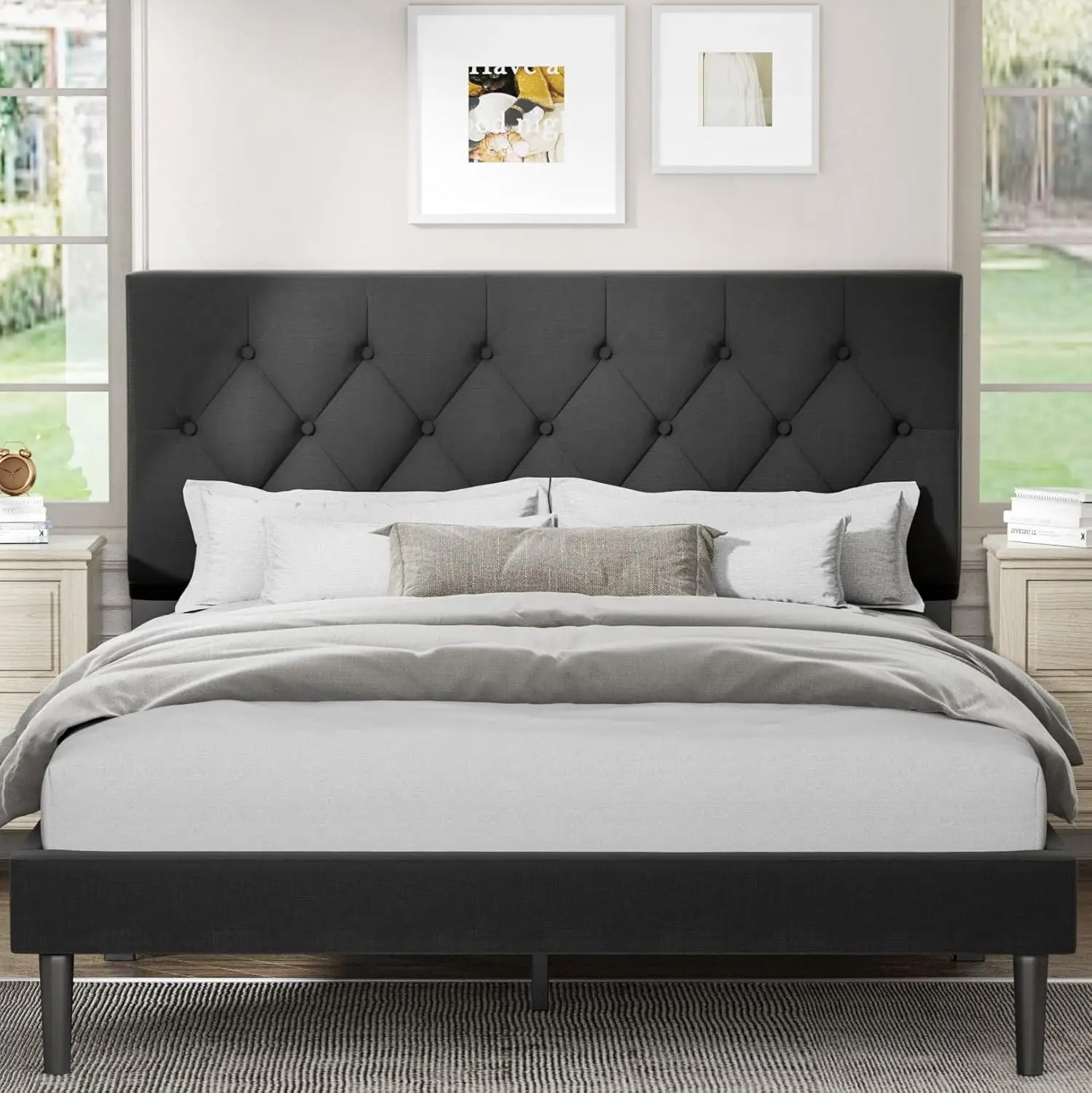 Size Platform Bed Frame with Upholstered Headboard, Button Tufted Design, No Box Spring Needed, Dark Grey