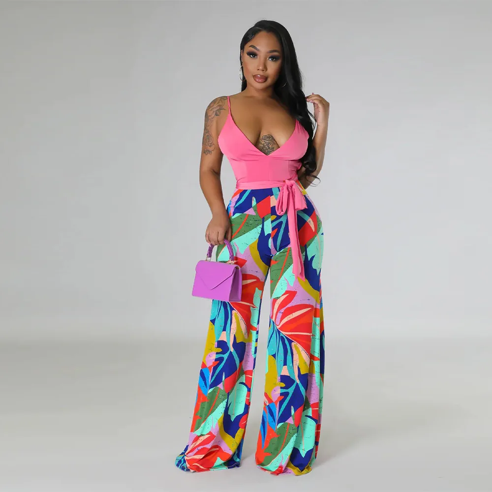 Women Patchwork Spaghetti Strap Backless Sleeveless Jumpsuit Sexy Deep V Summer Beach Wear Wide-Leg Pants Jumpsuit