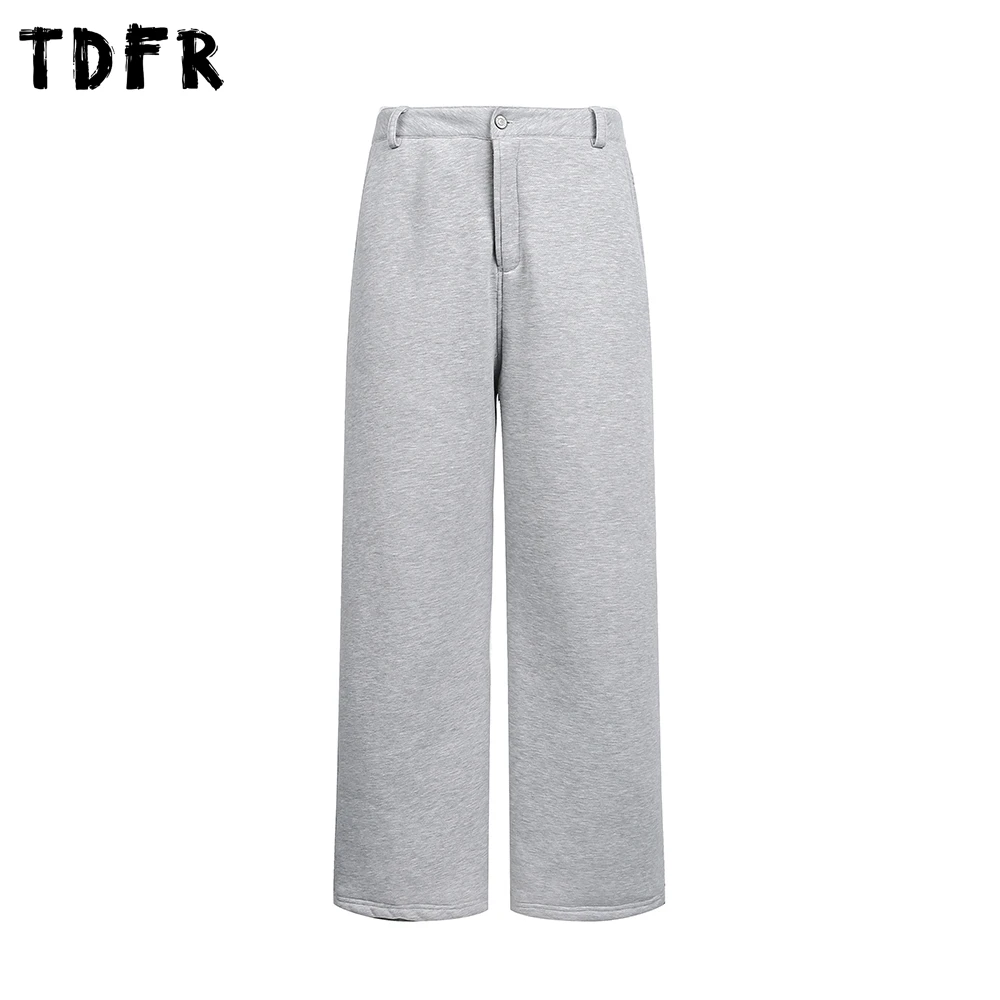 

Solid Color Simple Casual Pants Mens Autumn Winter Fleece Pocket Wide Leg Baggy Trousers Man