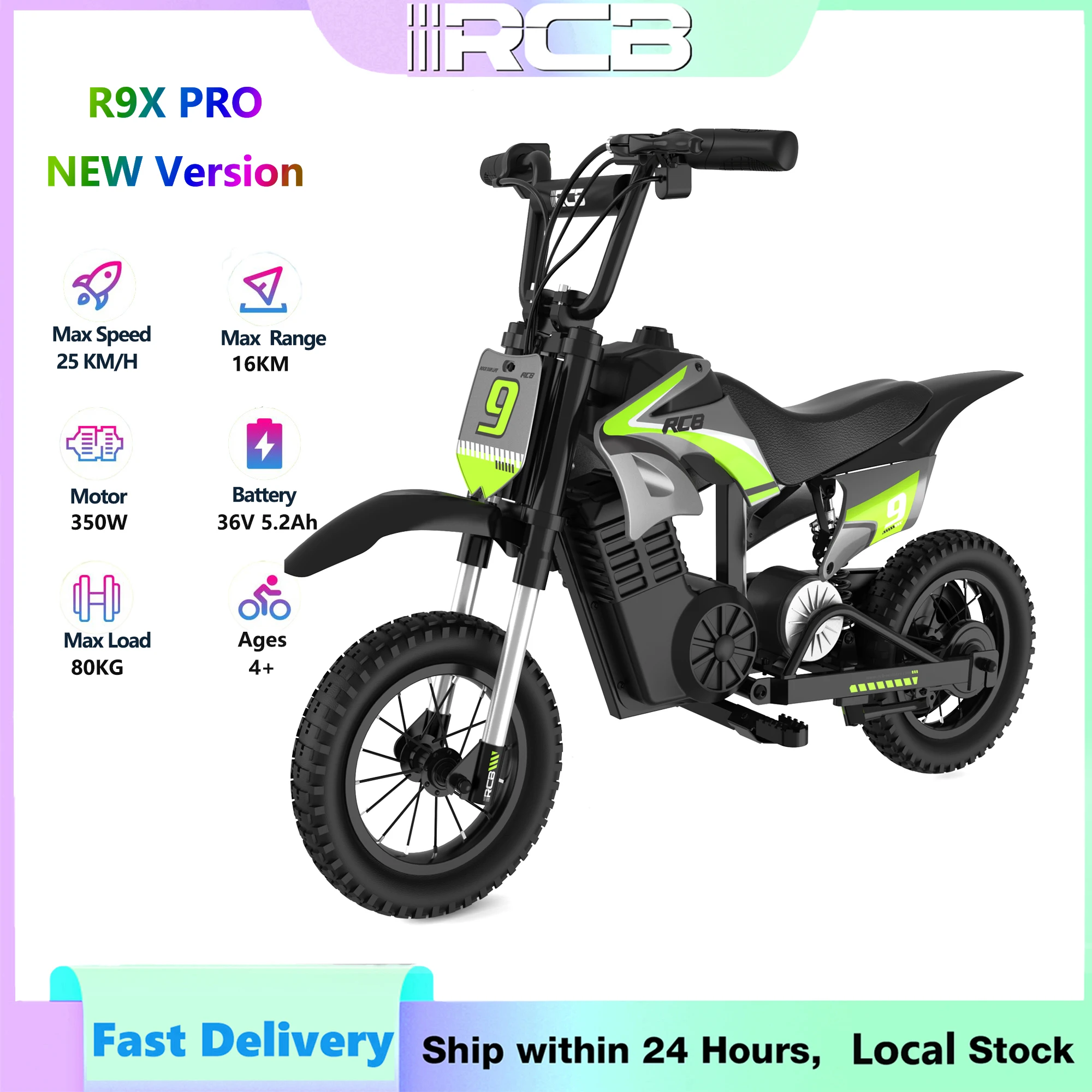 RCB R9X PRO elektrische kindermotorfiets, 36V 5.2Ah 350W, 12'' 25 km/u, 16 km bereik, dubbele dempers, sfeerverlichting, vanaf 6 jaar - afbeelding 1