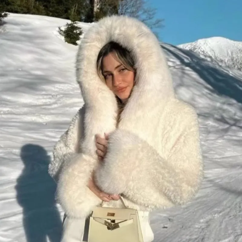 

2025 Winter Women's Short Hooded Faux Fur Coat, Korean Style High-Waisted Fluffy Coat, Wool Blend Warm Outwear Tops