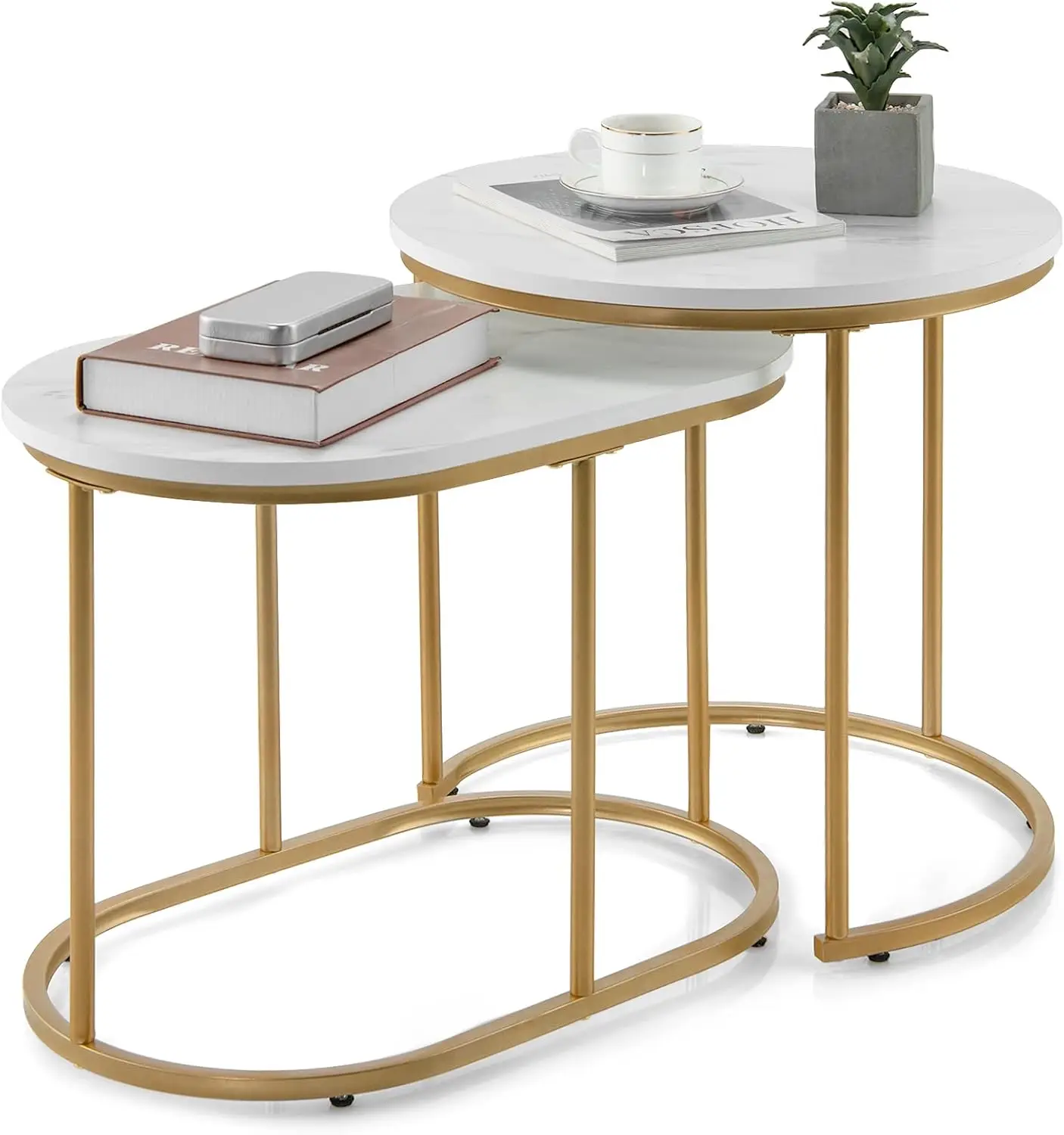 

Modern Nesting Coffee Table Set Of 2, Coffee Table & End Table Sets, Golden Steel Frame, Easy Assembly, Accent Marble-Look