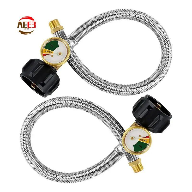 AEE3-2 Pack RV Propane Hose With Gauge For 5-40Lb Tanks - Stainless Braided Propane Hose Quick Connect