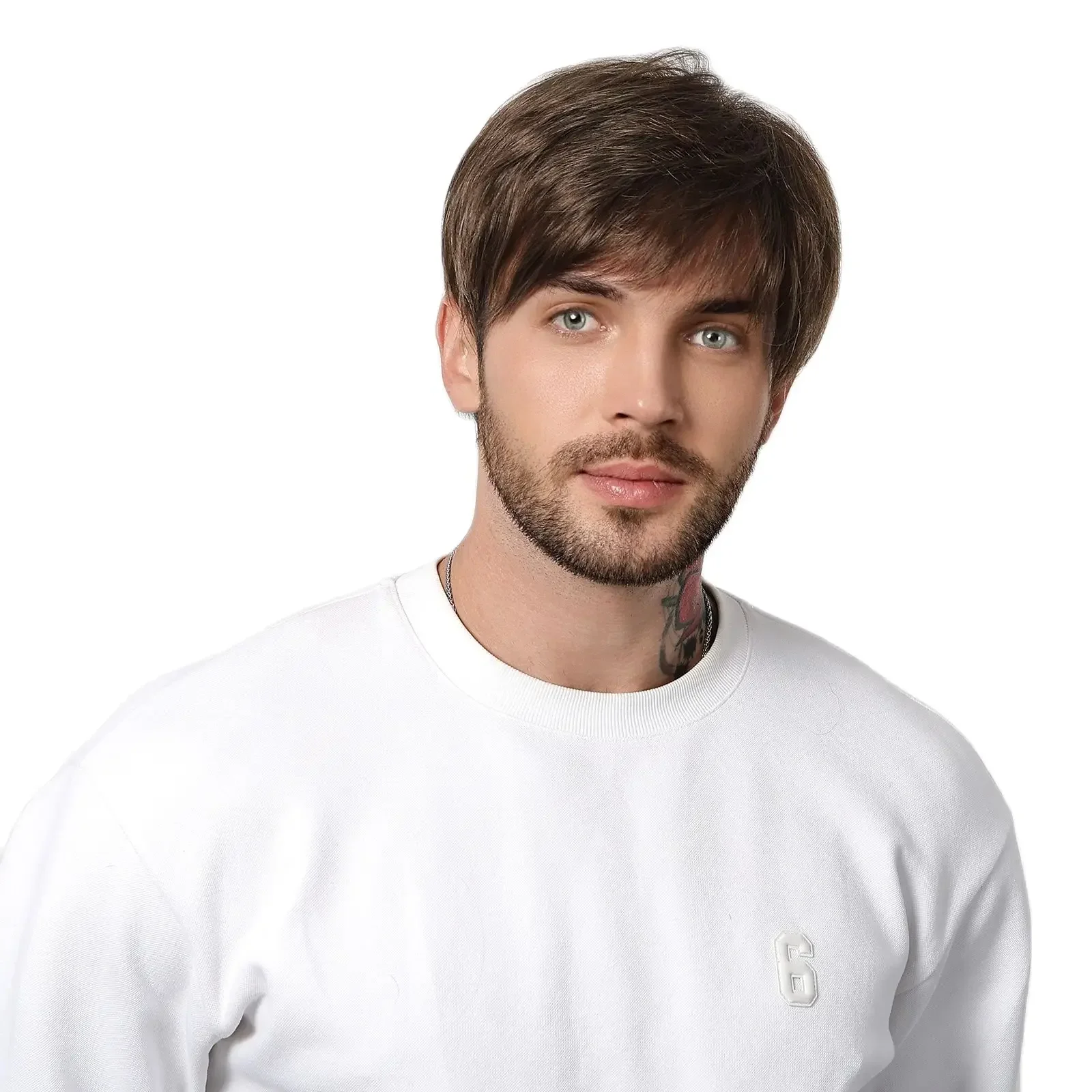 ALAN EATON Dark Brown Short Wig for Men Side Part Synthetic Layered Wigs with Bangs Natural Looking Synthetic Hair Full Wig