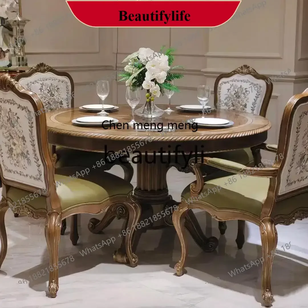 z183  France, solid wood carving flower round dining table French court light luxury dining chair European style