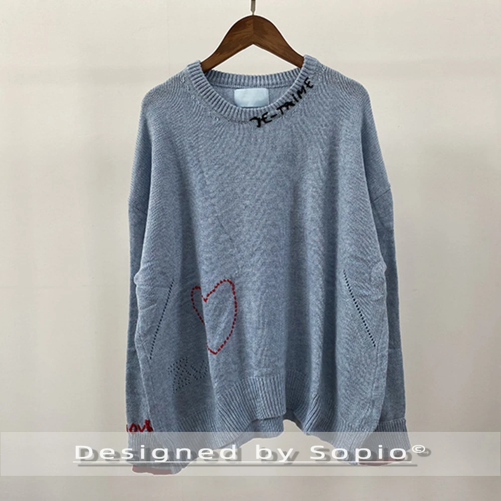 

Handmade Heart Embroidery Cashmere Knitted Sweater Women Winter Spring Long Sleeve Pulllovers Pull Fashion Sweaters Casual Tops