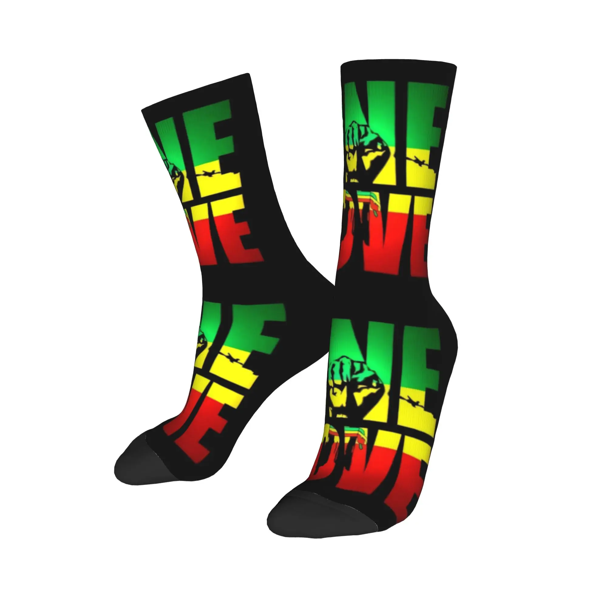 

Custom Fashion Print One Love Jamaica Reggae Socks for Women Men Stretch Summer Autumn Winter Crew Socks
