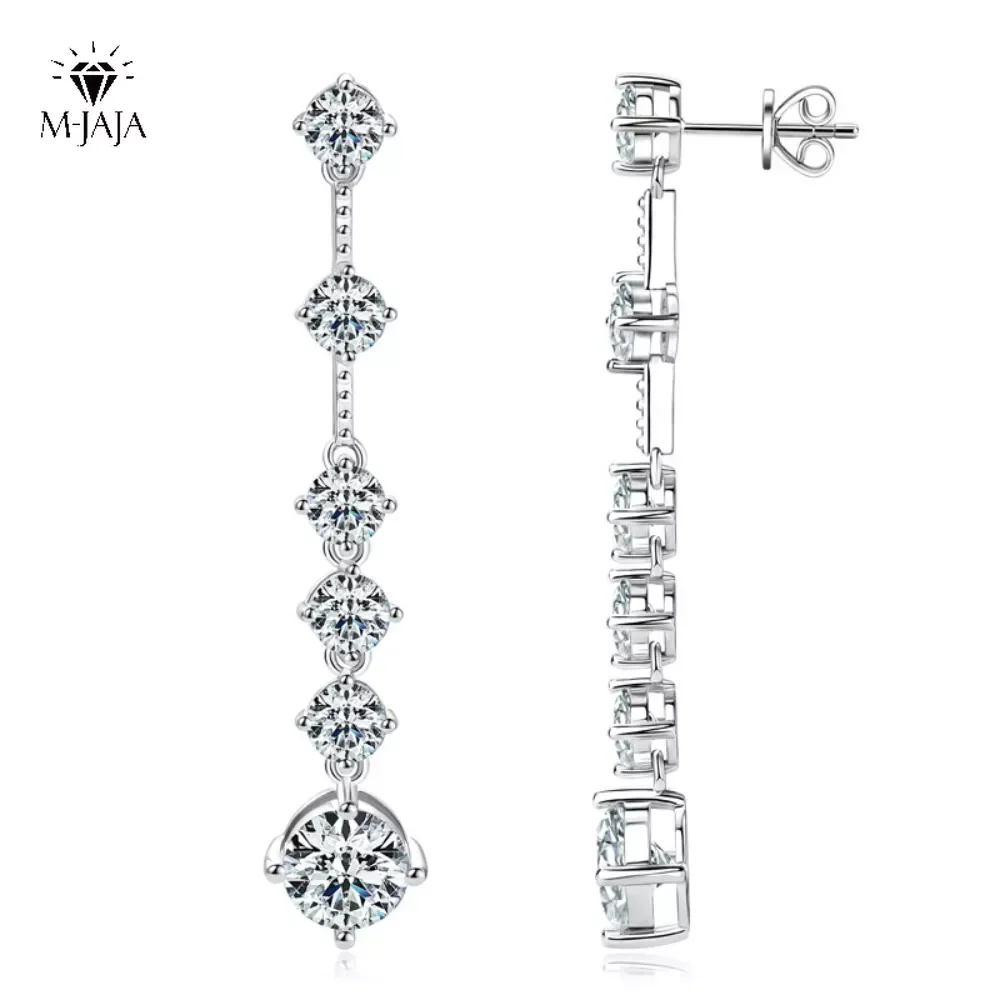 

M-JAJA Moissanite Diamond Long Drop Earrings for Girls Round 8mm Moissanite with 5mm Zircon Real 925 Silver 2023 Trend Jewerly