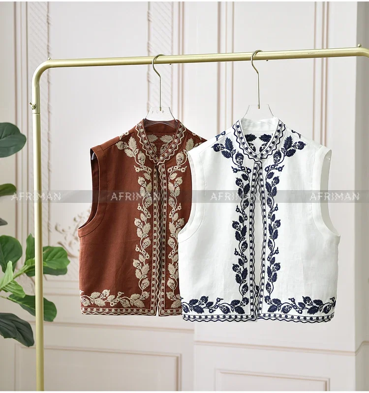 Ethnic Style Linen Embroidered Vest Jacket + Shorts Two-piece Fashionable Set Women\'s Summer Vacation