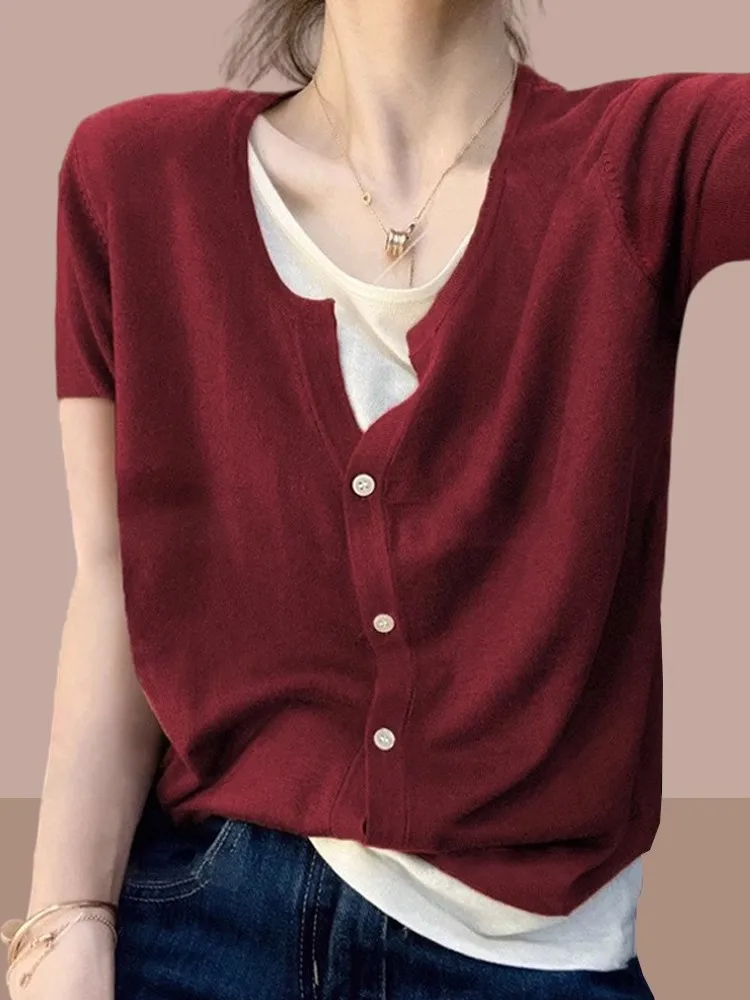

Ice Silk Knitted Short Sleeve T-Shirt Women's Summer New Small Size Trendy Slimming Top Fake Two-Piece Button Splice Design