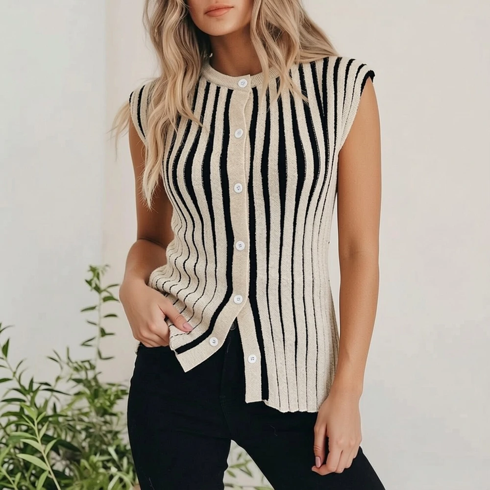 

YuooMuoo Модные вязаные топы 2026 Весна, с круглым вырезом, без рукавов, облегающие, эластичные, на одной пуговице, женские кардиганы-рубашки, уличная мода