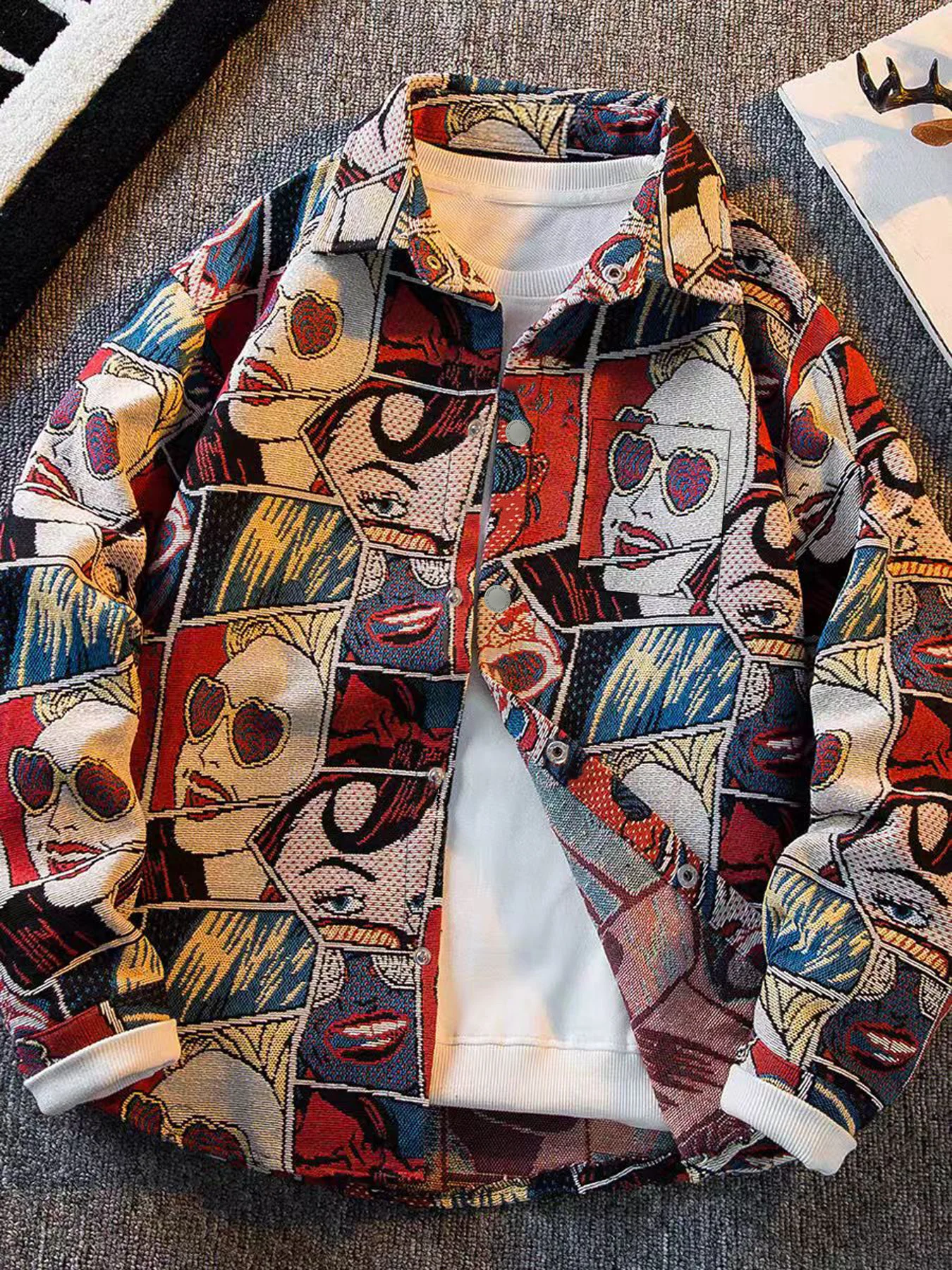 

Spring and autumn trendy rugged stylish workwear jacket for men, American design, retro fun cartoon comic print jacket