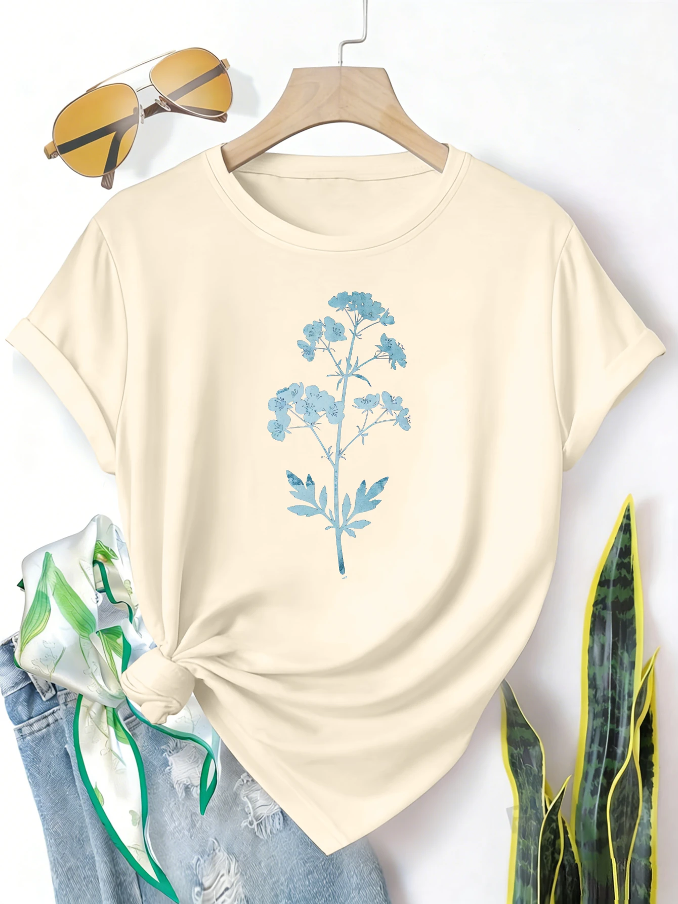 

Женская футболка больших размеров с коротким рукавом, синяя, с цветочным принтом, из дышащей ткани, летняя одежда, женская одежда