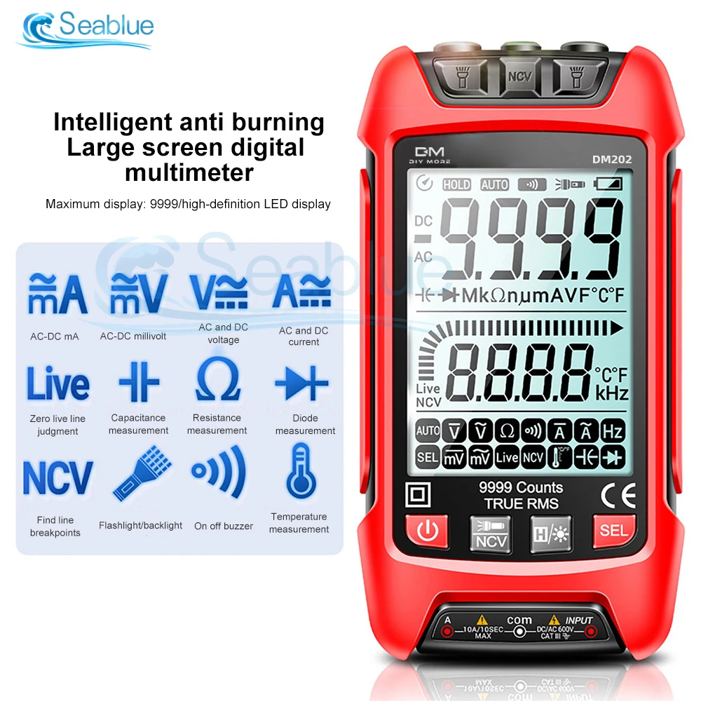 Rechargeable Voltage DM201 Digital Multimeter Color LCD Display 9999 Counts Auto Range Ohmmeter Backlight Cap Ohm Hz Diode