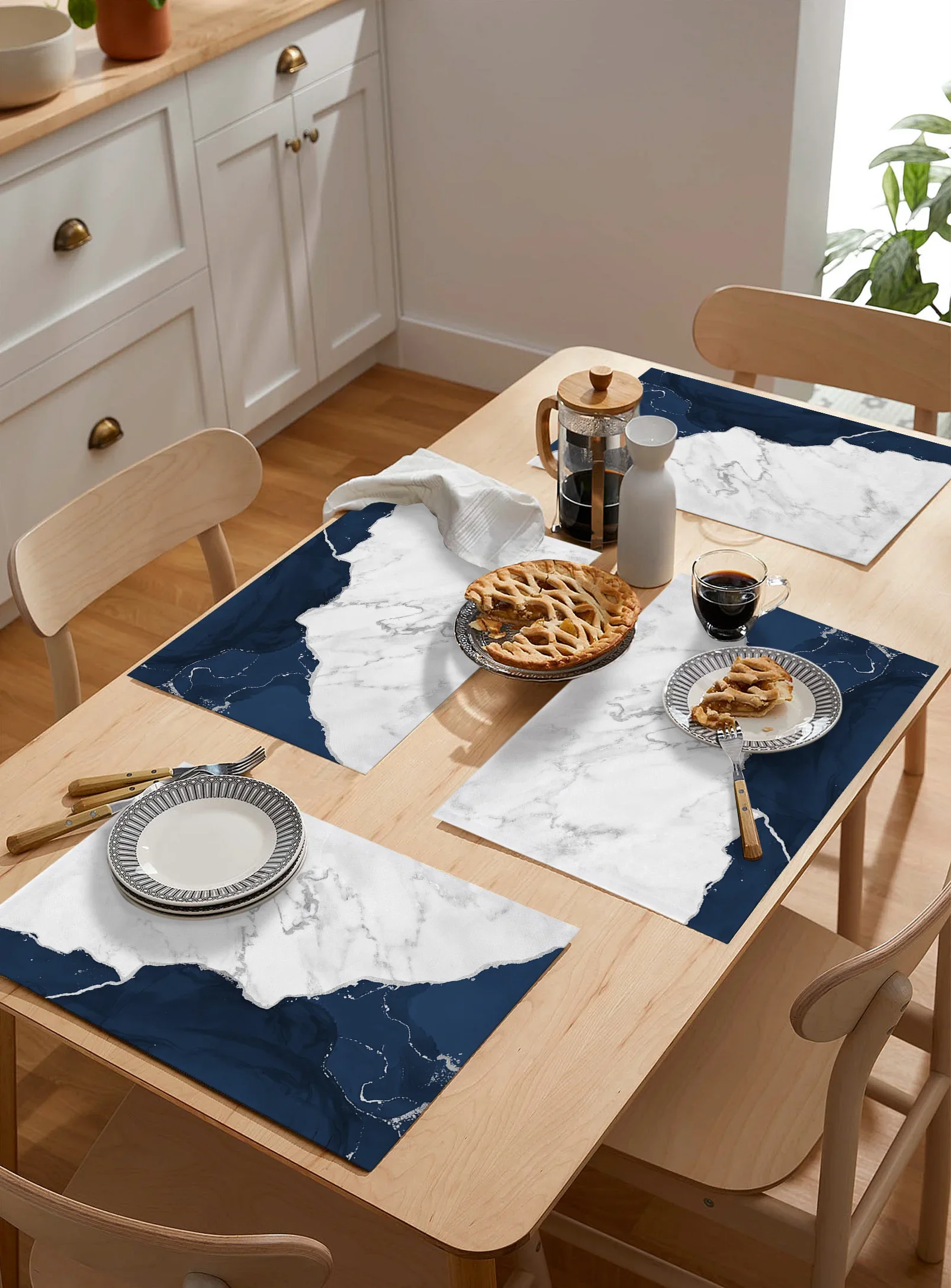 White Marble Silver Plated Navy Blue Dining Placemat Table Tableware Mats Kitchen Dish Mat Pad 4/6pcs Table Mat Home Decoration