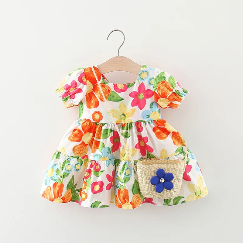 Summer 2/piece set of baby girl dresses bags and girls wearing large floral printed bubble sleeves princess dresses