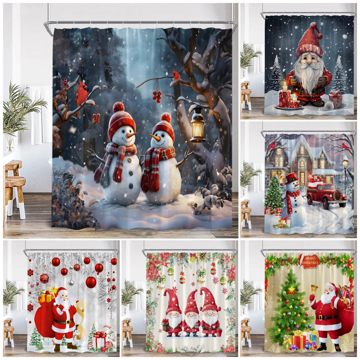 Cute Snowman Christmas Shower Curtains Santa Claus Xmas Tree Truck Winter Forest Scenery Home Bathroom Decor Bath Curtain Set