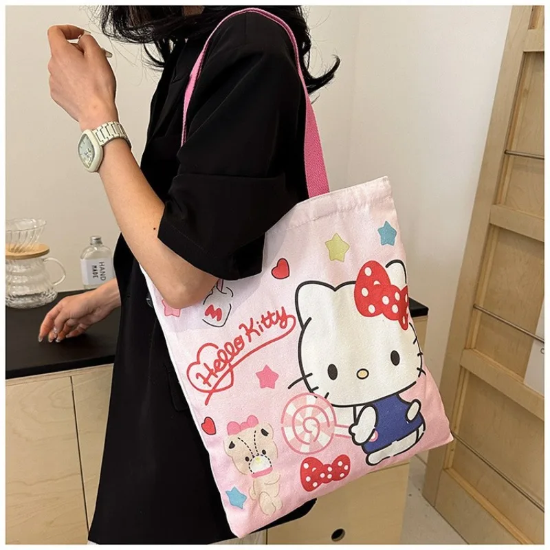 

Kawaii Hello Kitty Cinnamoroll Canvas Bag New Cartoon Pattern Large Capacity Shoulder Bag Cute Student Backpack Children's Gift